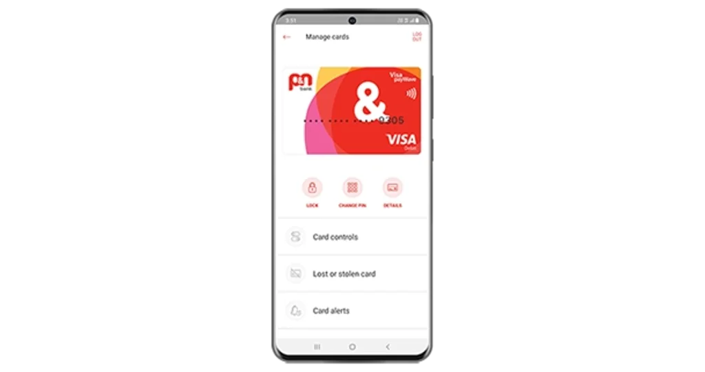 The P&N Bank mobile app card controls screen
