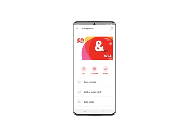 The P&N Bank mobile app card controls screen
