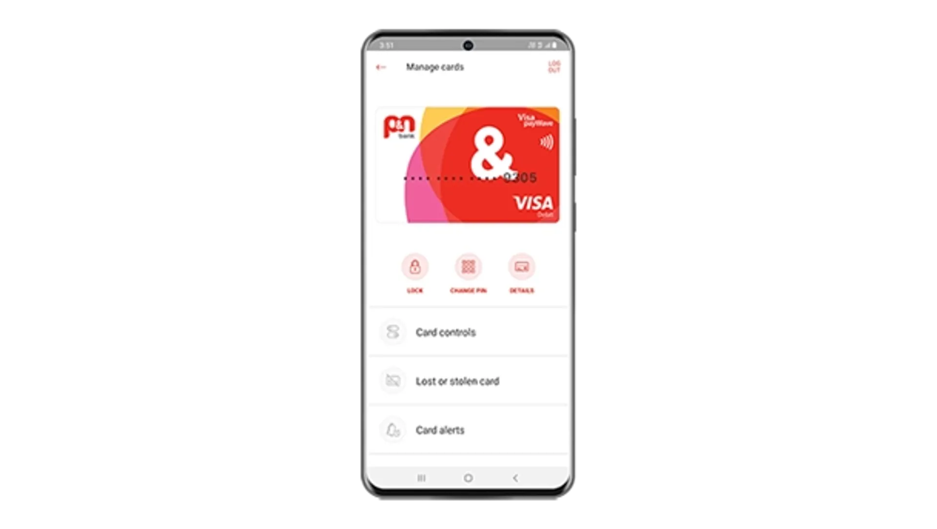 The P&N Bank mobile app card controls screen